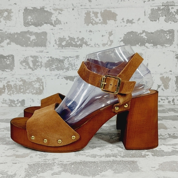 New Steve Madden Alabama Platform Suede Brown Strap Wooden Studded Sandals F737 - Picture 1 of 12